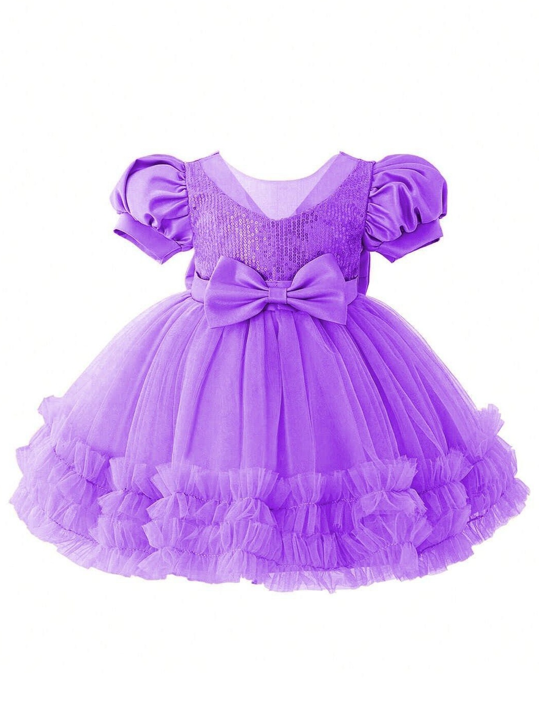 

Miss & Chief Embellished Embroidered Puff Sleeve Net Fit & Flare Dress, Purple