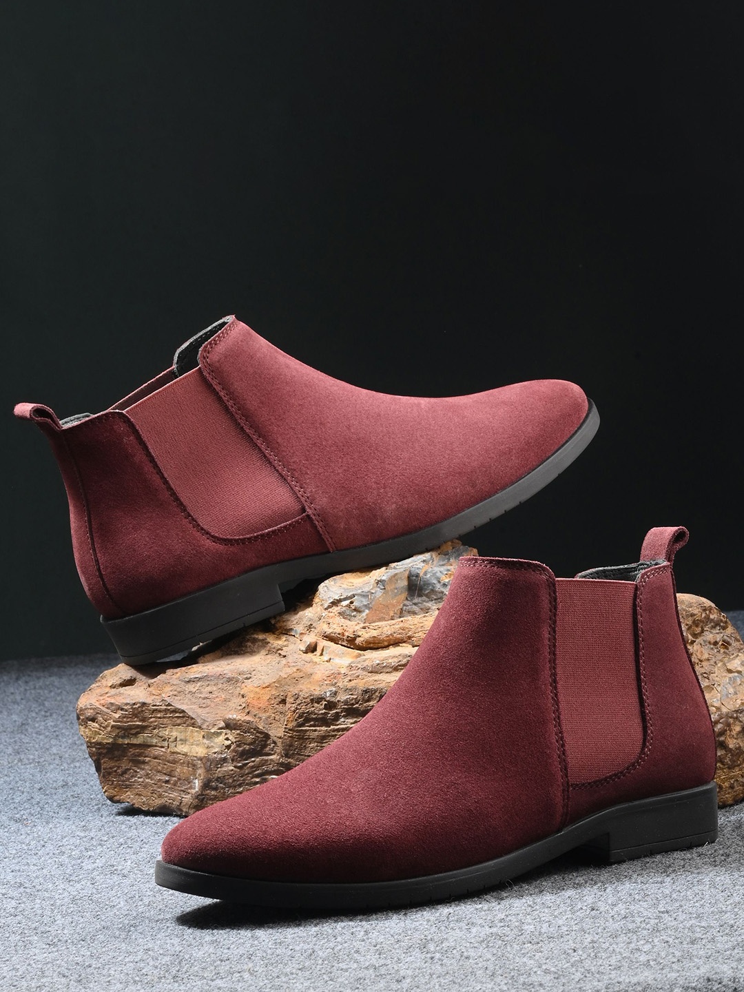 

GALEX Men Leather Pointed Toe Chelsea Boots Slip-On Sneakers, Maroon