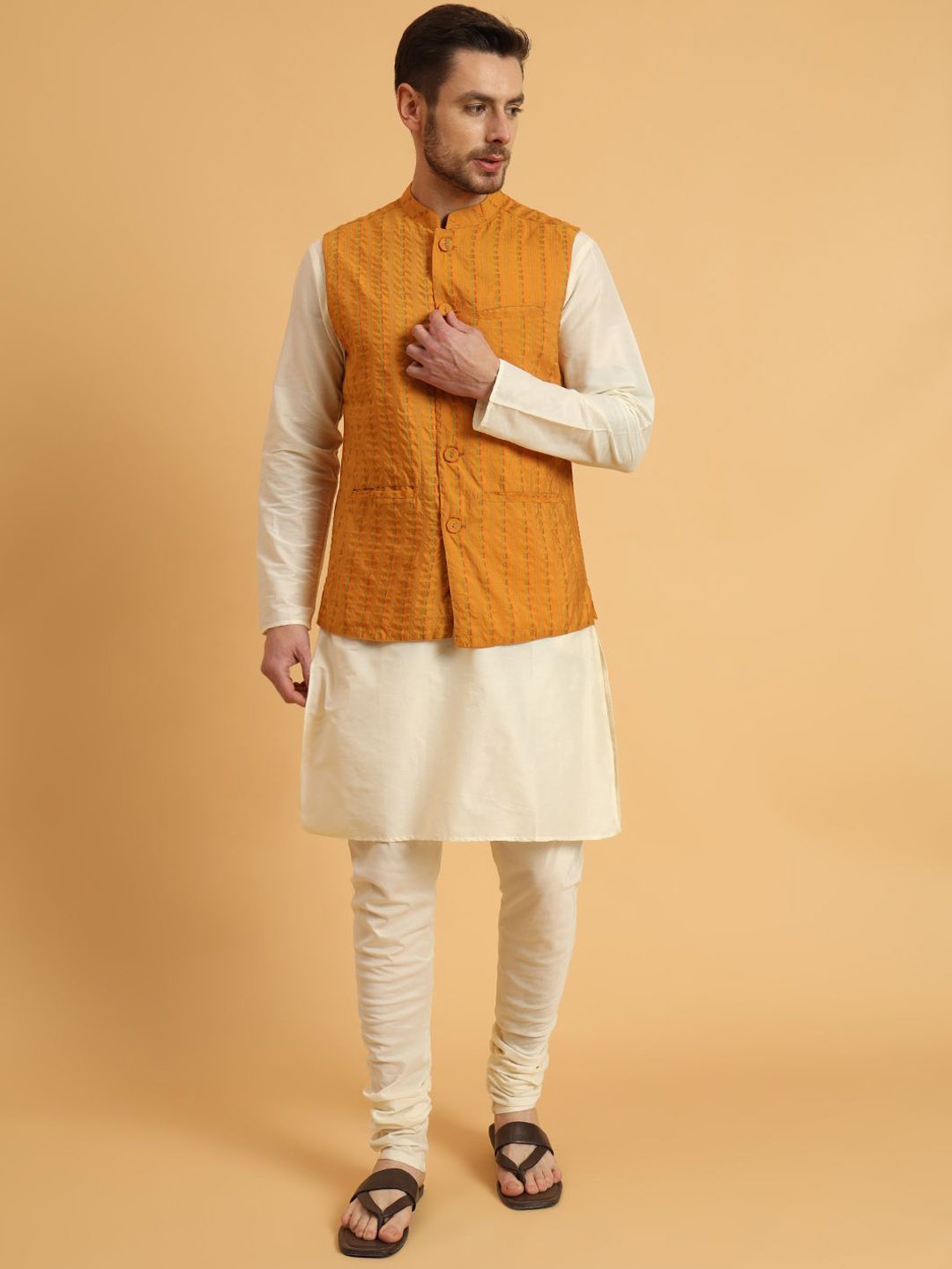 

Aspriya Mandarian Collar Woven Design Nehru Jackets, Yellow