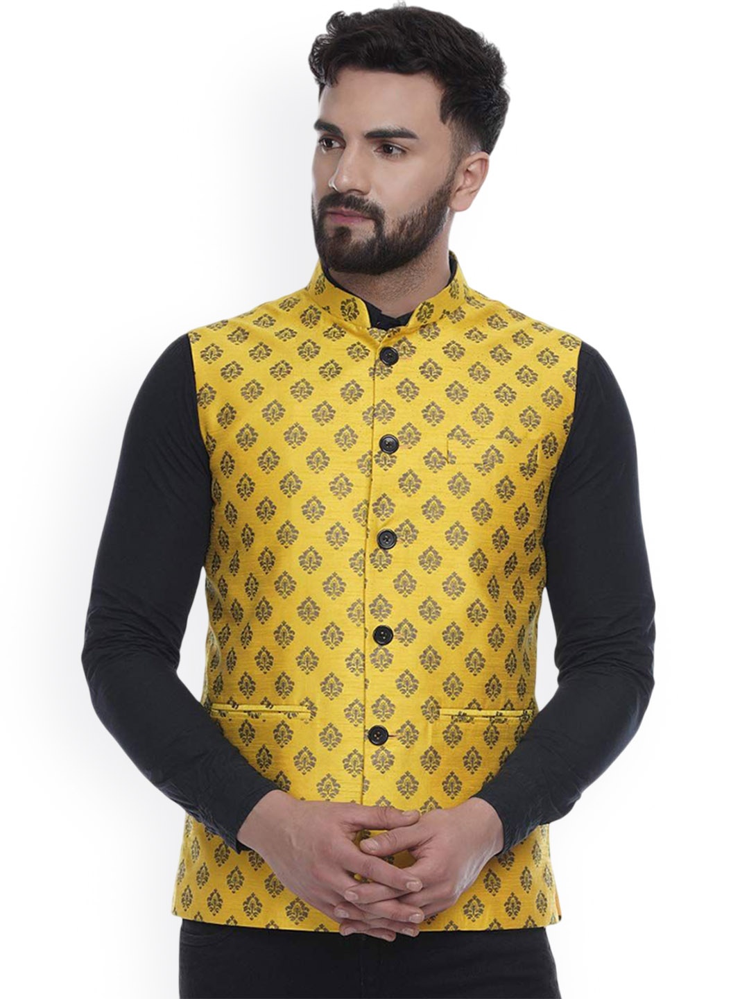 

VEERA PARIDHAAN Printed Jacquard Mandarin Collar Nehru Jackets, Yellow