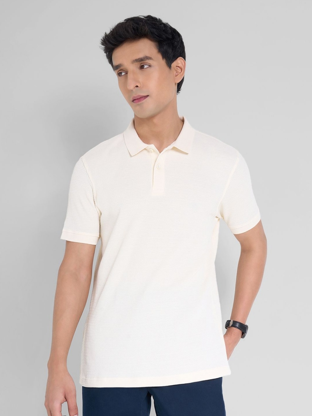 

Peregrine by Pantaloons Men Polo Collar Extended Sleeves Applique Slim Fit T-shirt, Off white
