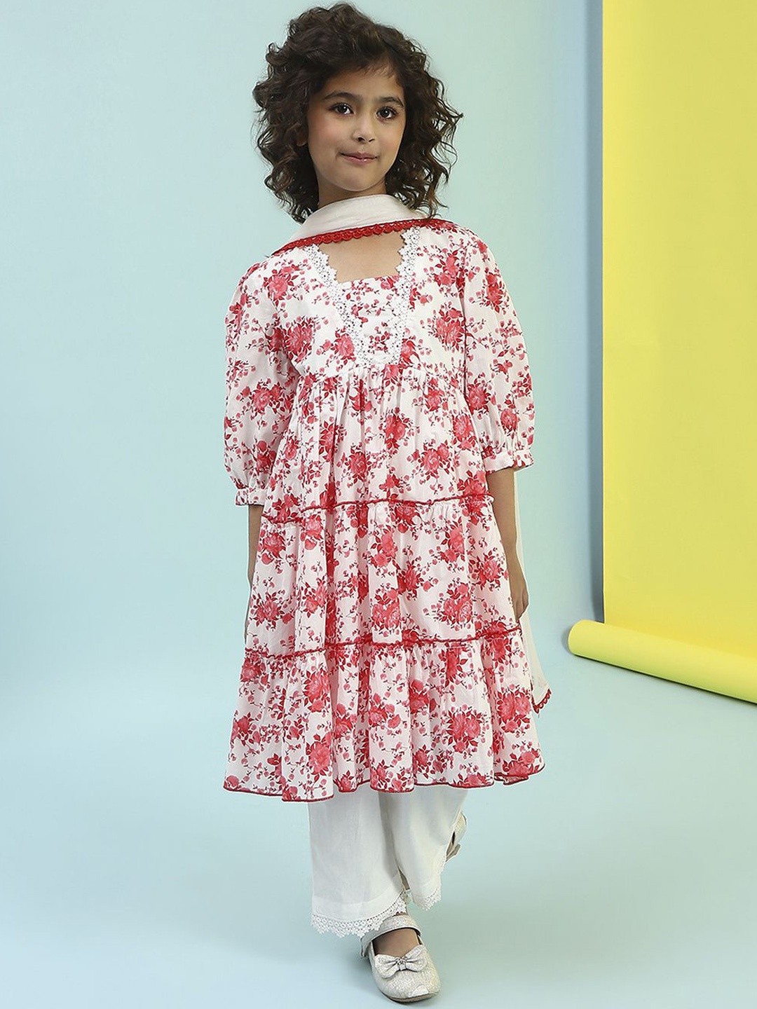 

Biba Girls Floral Printed Regular Pure Cotton Kurta with Palazzos & With Dupatta, Red