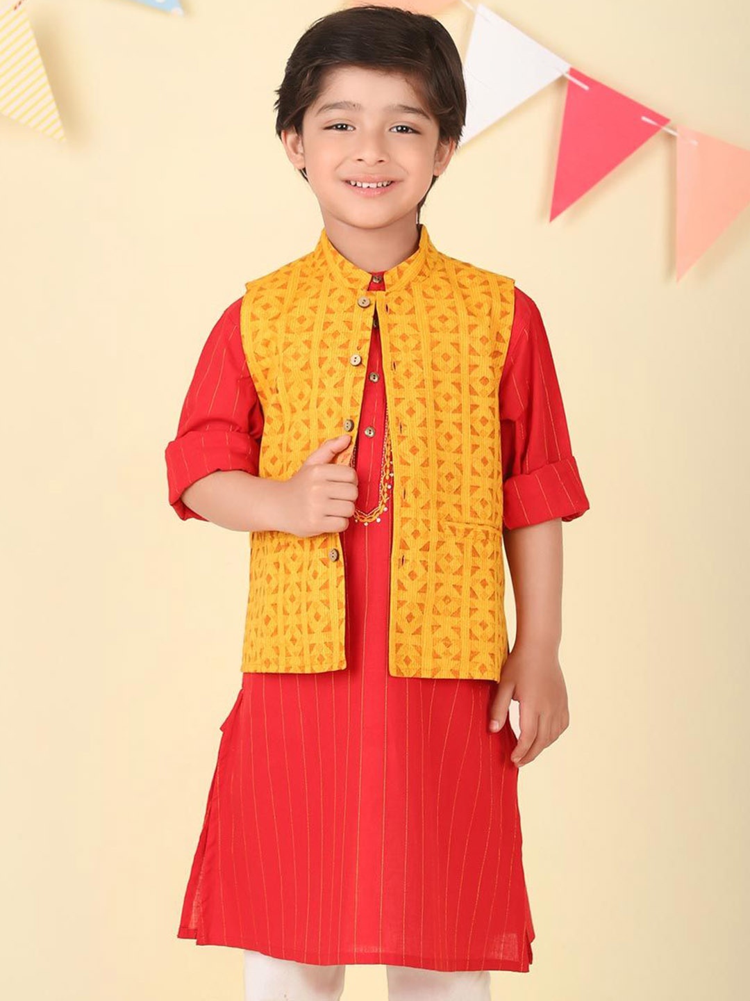 

Fabindia Hand Block Printed Cotton Nehru Jacket, Yellow