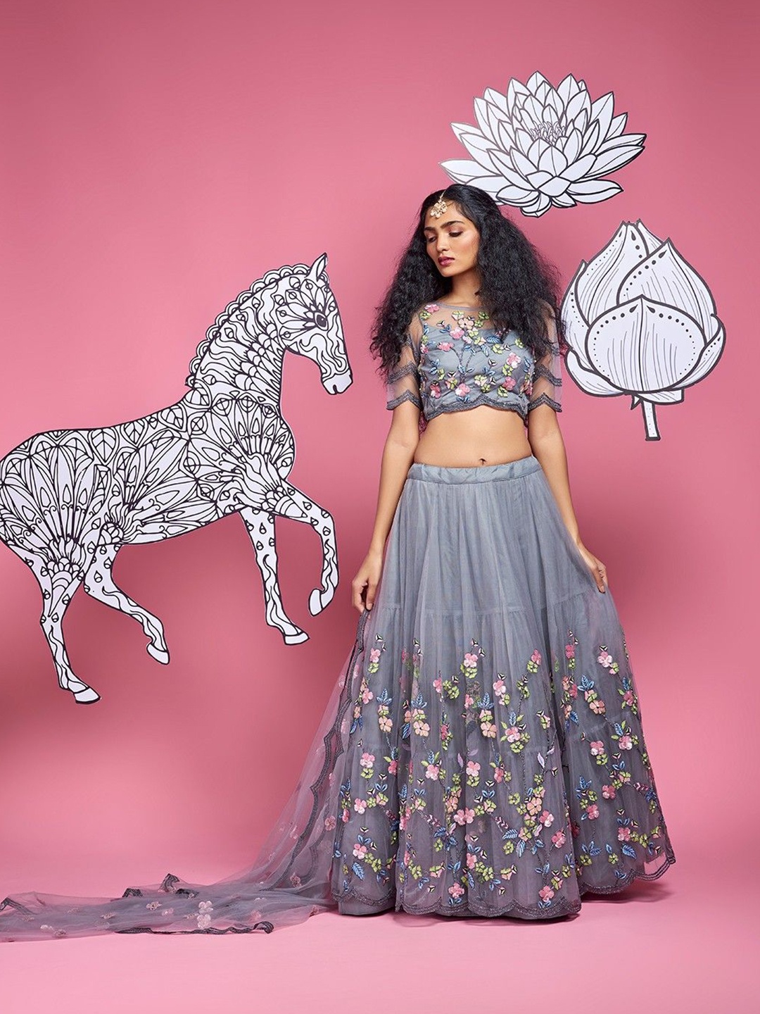 

Piludi Embroidered Thread Work Semi-Stitched Lehenga & Unstitched Blouse With Dupatta, Grey