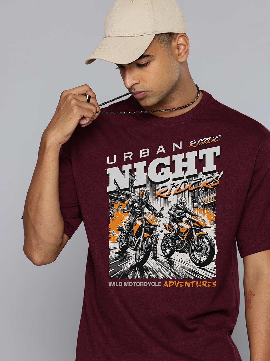

R.Code by The Roadster Life Co. Men Typography Printed Applique T-shirt, Burgundy