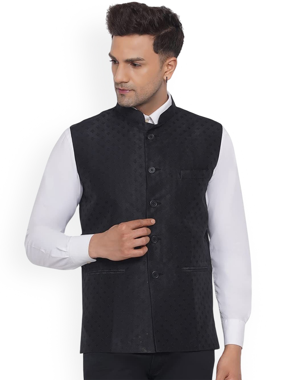 

VEERA PARIDHAAN Jacquard Printed Mandarin Collar Nehru Jacket, Black
