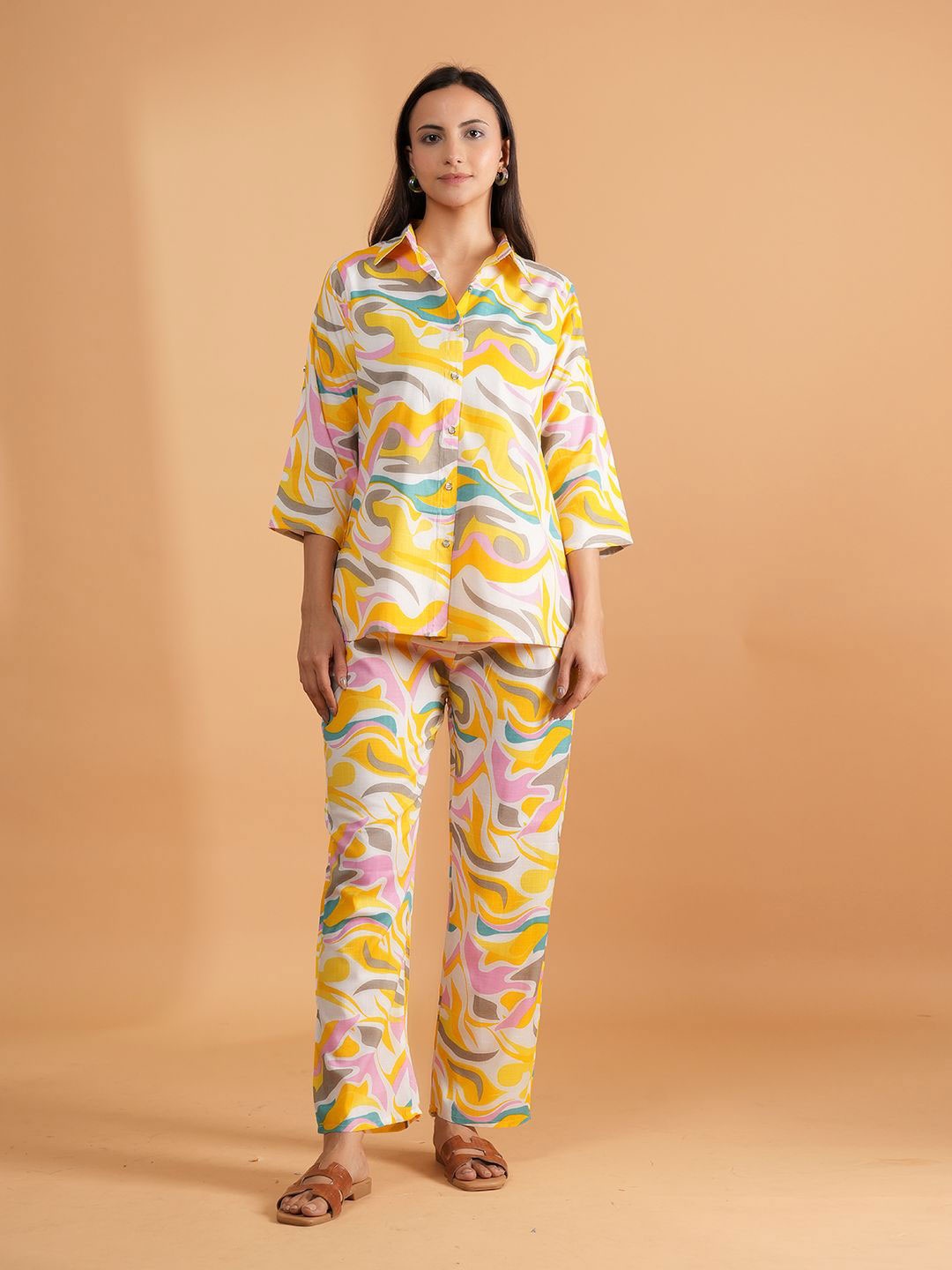

Belfry Printed Shirt Collar Shirt & Trousers Co-Ords Set, Yellow
