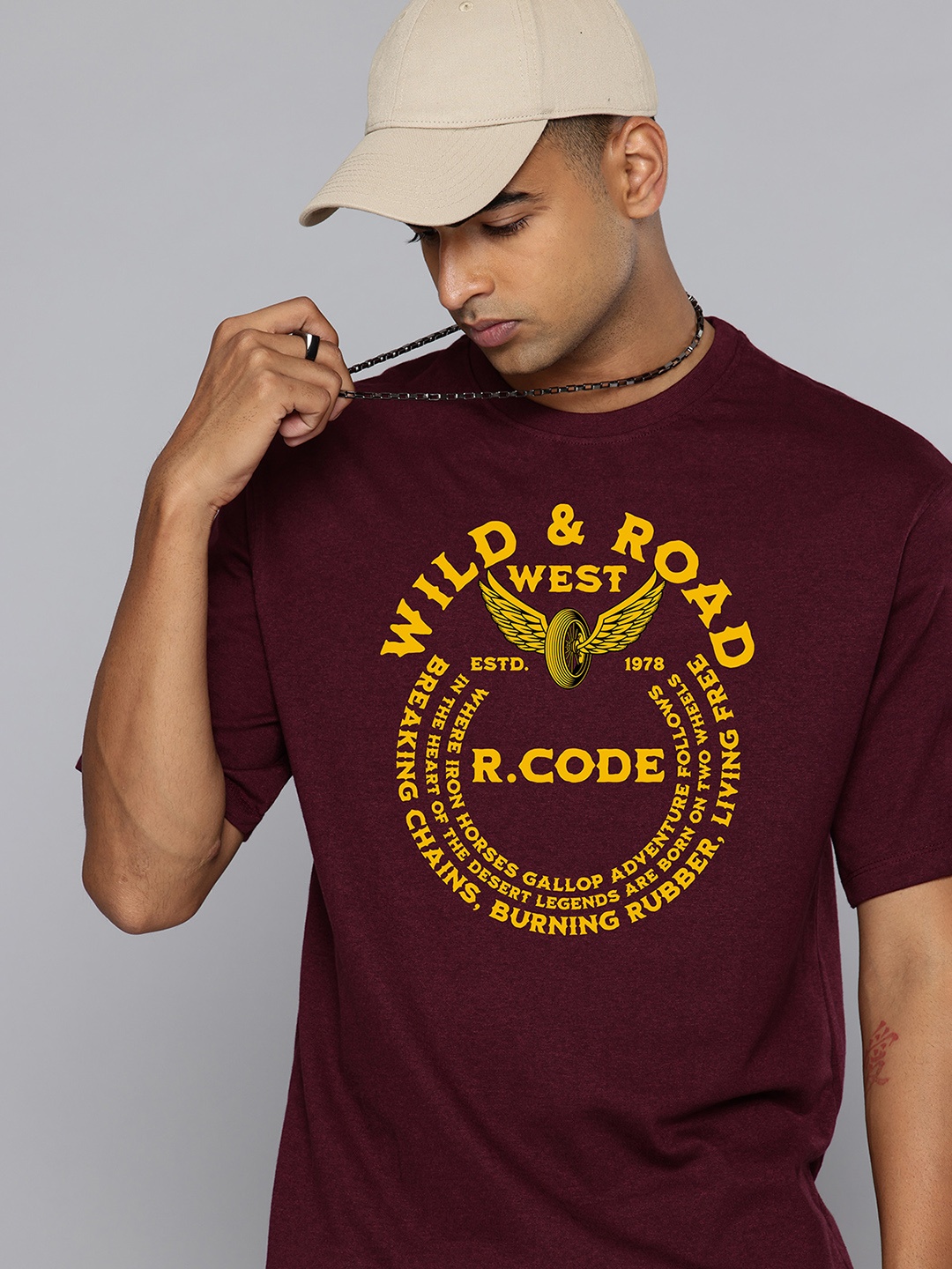 

R.Code by The Roadster Life Co. Men Typography Printed Applique T-shirt, Burgundy