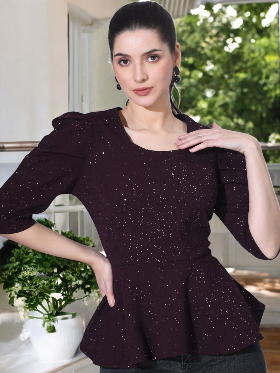 

IUGA Puff Sleeve Peplum Top, Purple