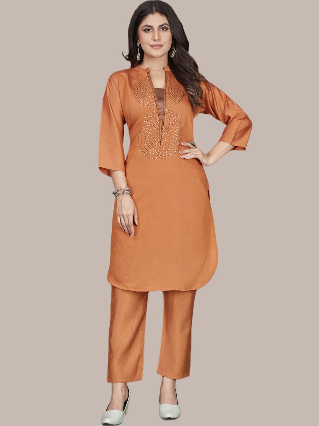 

MINGORA Embroidered Pure Silk V Neck Top With Trousers Co-Ords Set, Rust