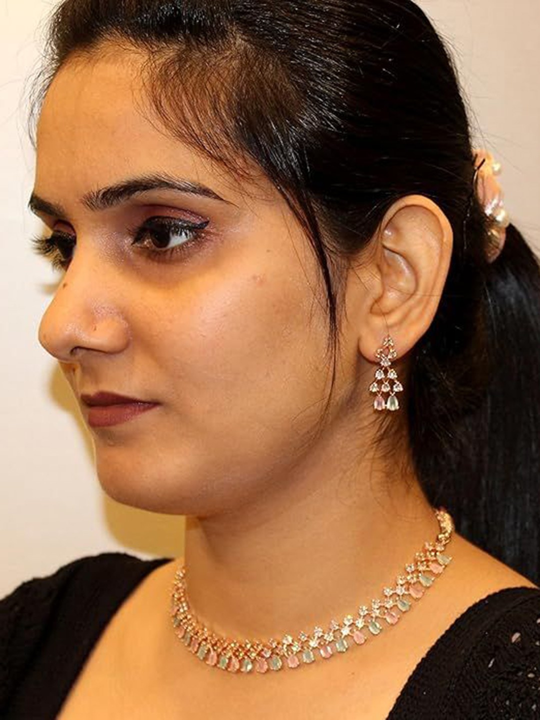 

Bello Naari Rose Gold Plated American Diamond Cubic Zirconia Studded Jewellery Set