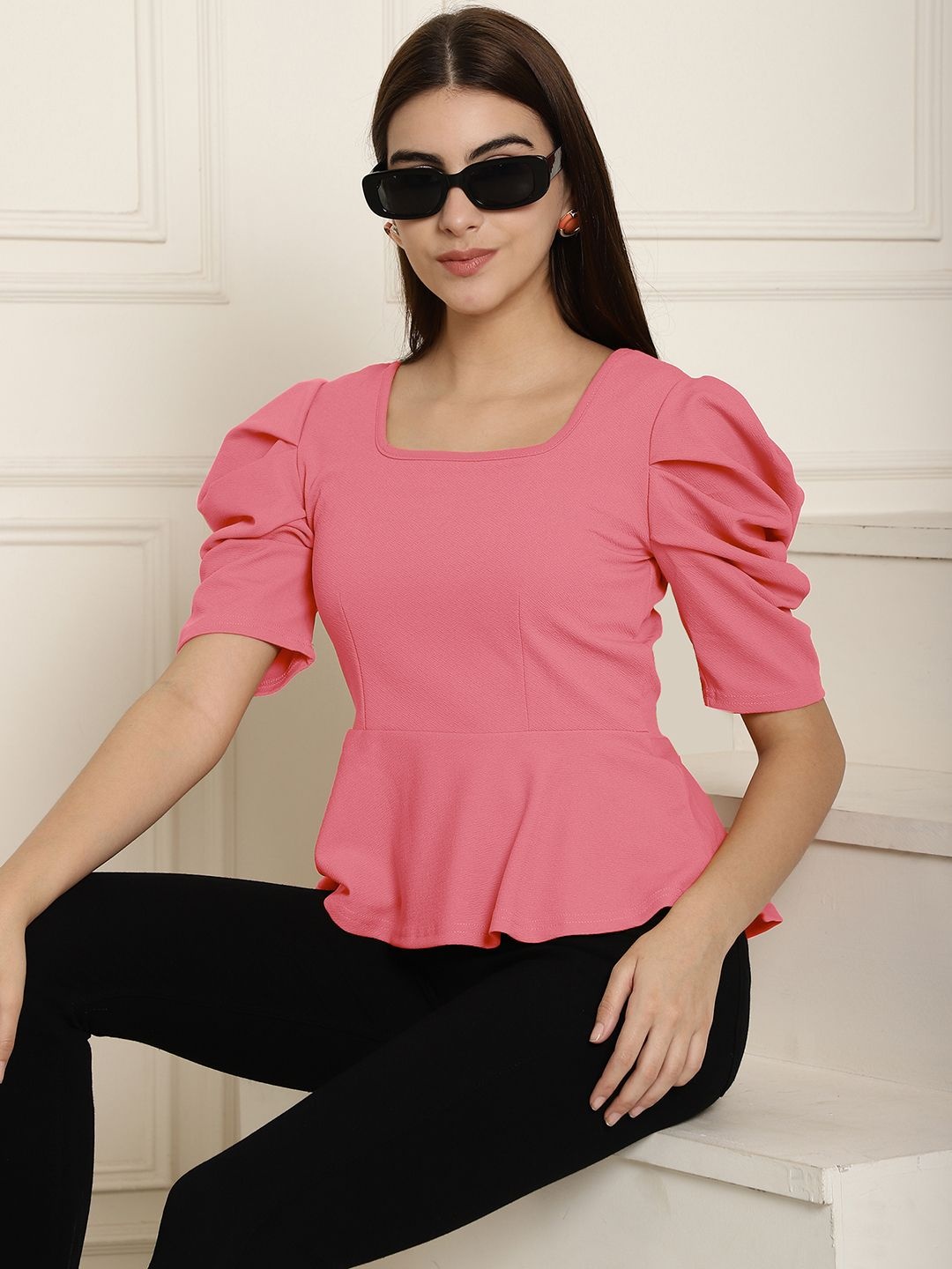 

Metronaut Puff Sleeve Peplum Top, Pink