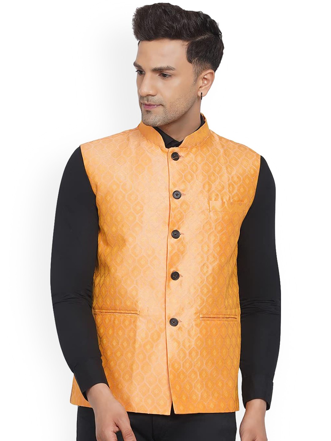

VEERA PARIDHAAN Jacquard Printed Mandarin Collar Nehru Jacket, Peach