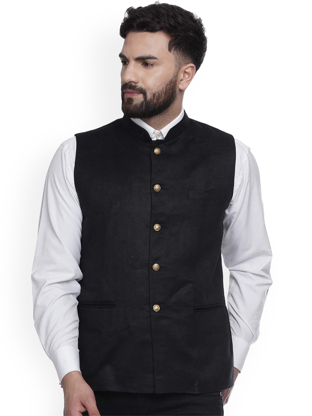 

VEERA PARIDHAAN Velvet Chinese Collar Nehru Jacket, Black