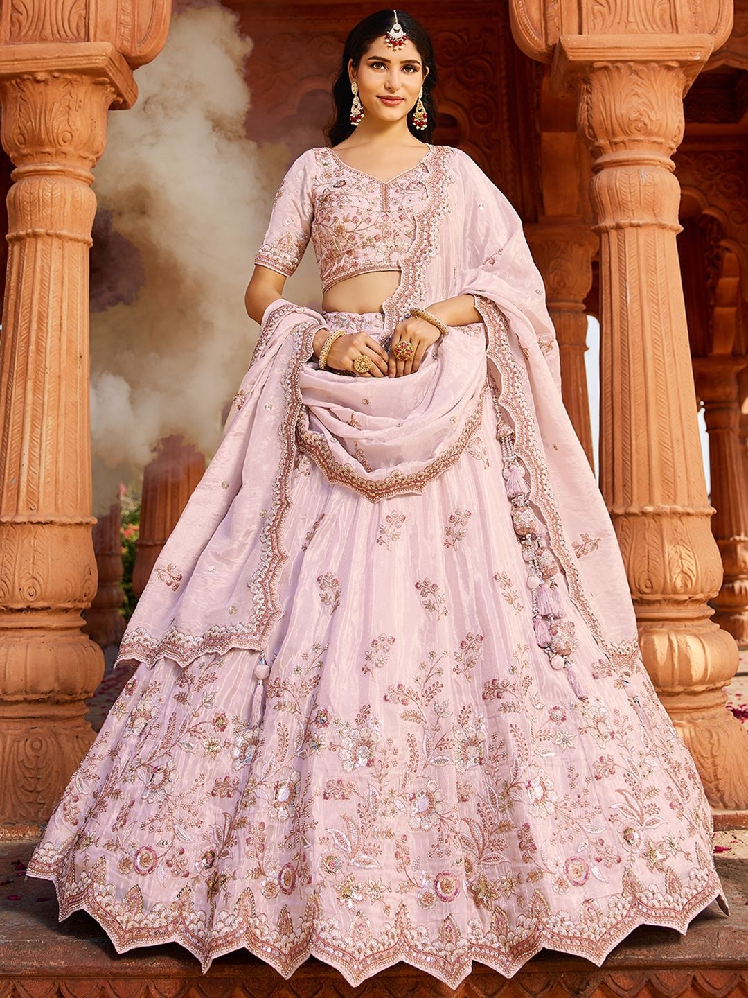 

panchhi Embroidered Beads and Stones Semi-Stitched Lehenga & Unstitched Blouse With Dupatta, Coral