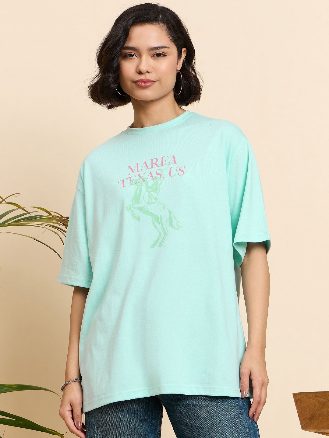 

Mast & Harbour Women Printed Drop-Shoulder Sleeves T-shirt, Turquoise blue