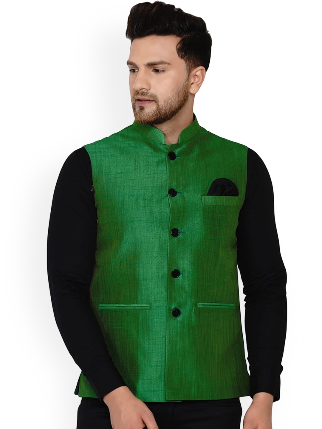 

VEERA PARIDHAAN Banarasi Mandarin Collar Nehru Jacket, Green
