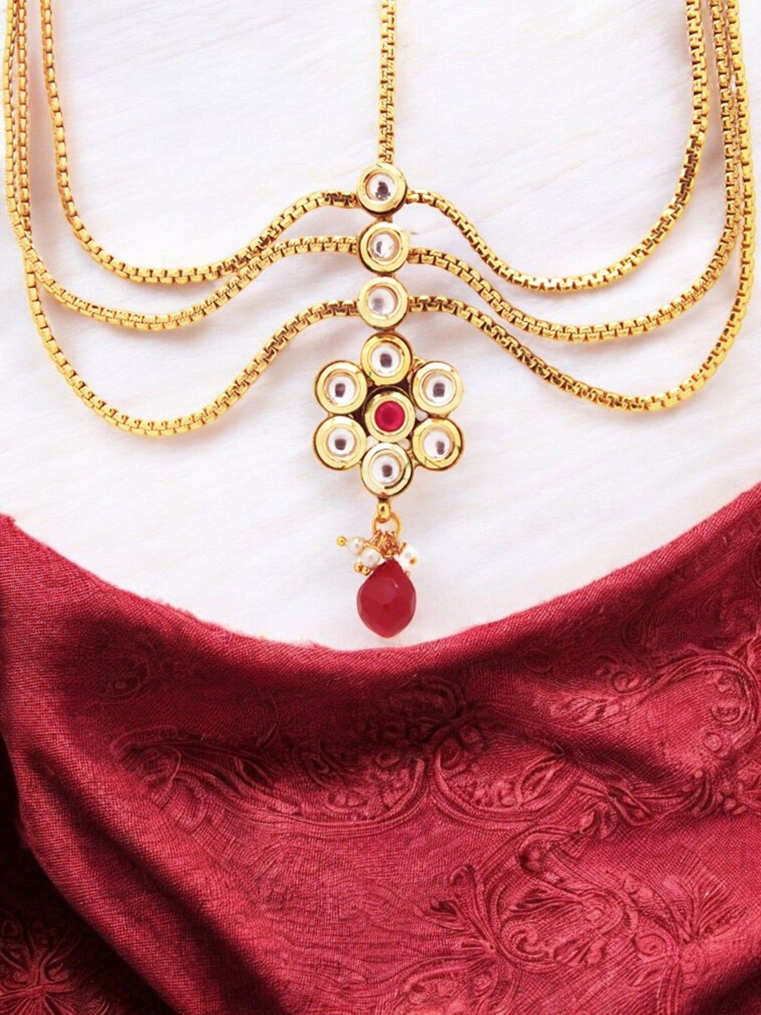 

FEMMIBELLA Gold-Plated Kundan Studded Matha Patti Head Jewellery