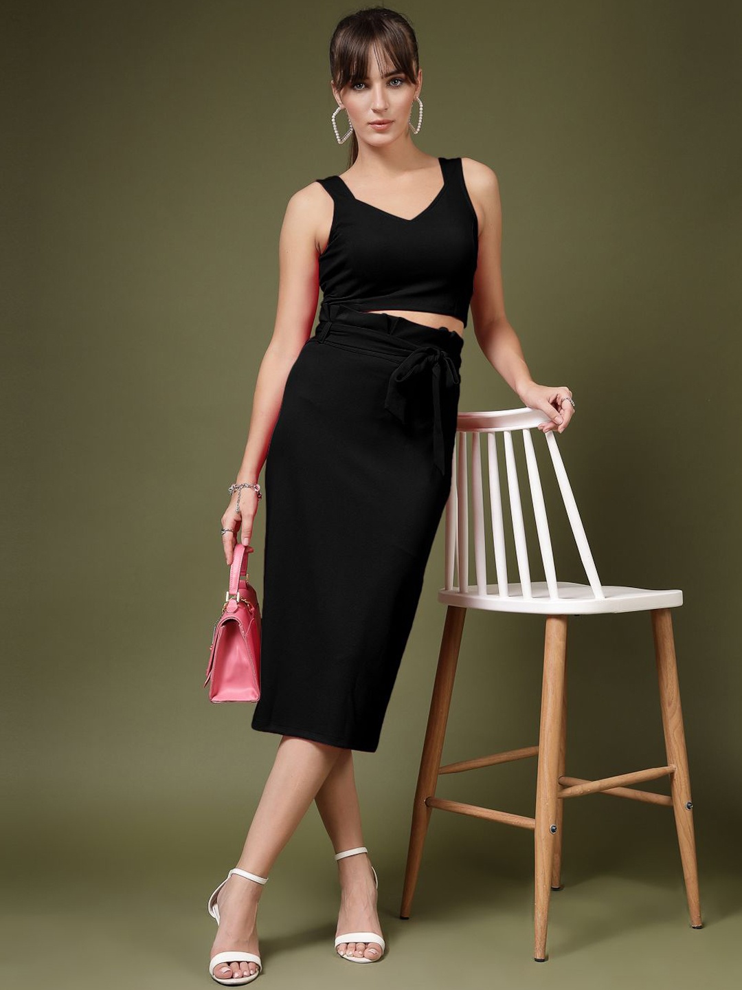 

DressBerry Stretchable Top With Skirt Co-Ords, Black