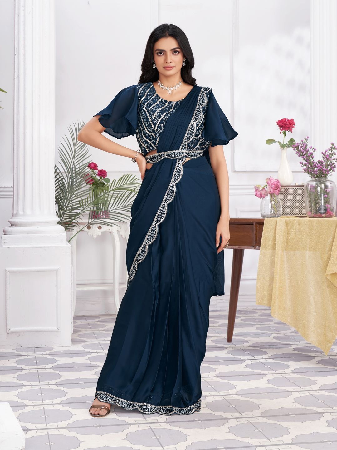 

Suha Embroidered Poly Georgette Ready to Wear Saree, Blue