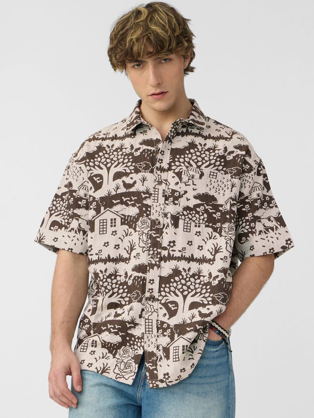 

The Souled Store Men Opaque Printed Oversized Casual Shirt, Beige
