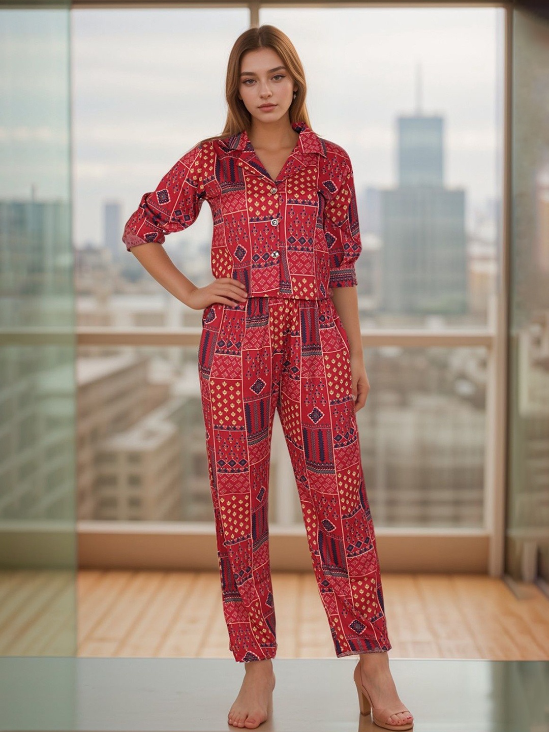 

Belfry Printed Shirt with Palazzos, Red