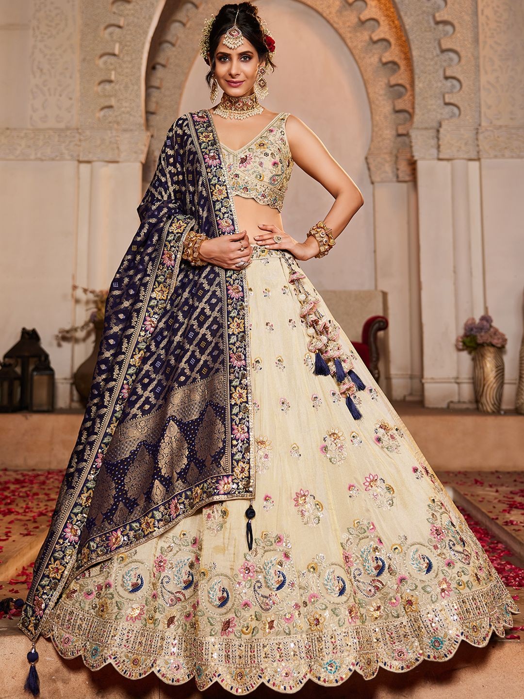 

panchhi Embroidered Beads and Stones Semi-Stitched Lehenga & Unstitched Blouse With Dupatta, Cream