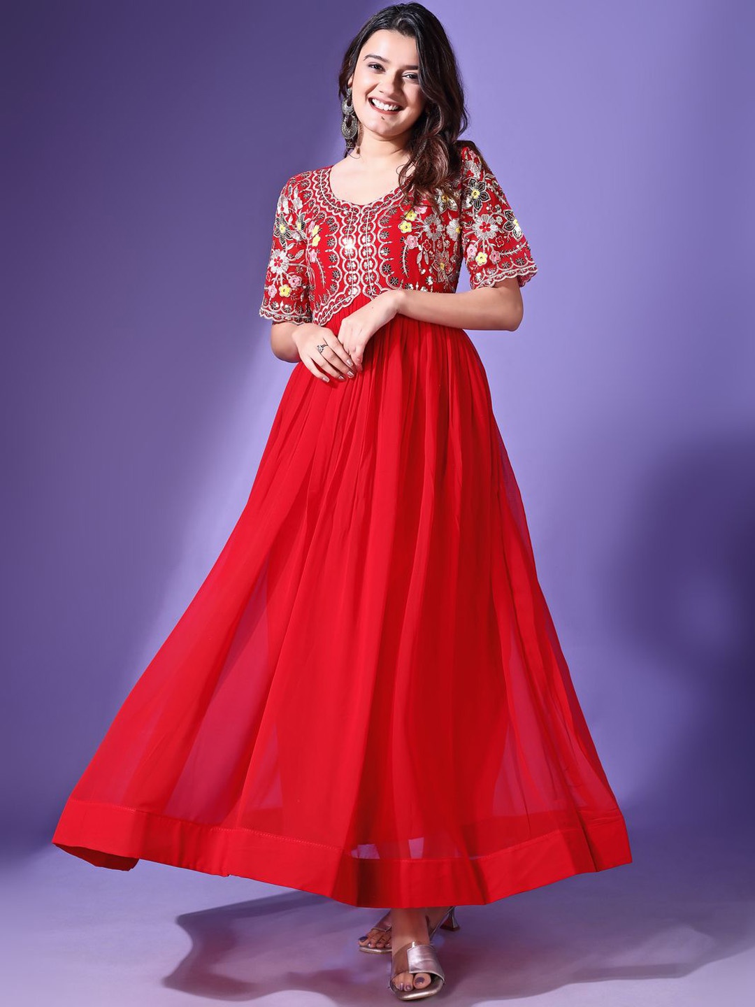 

Anara Women Geometric Embroidered Georgette Anarkali Kurta, Red