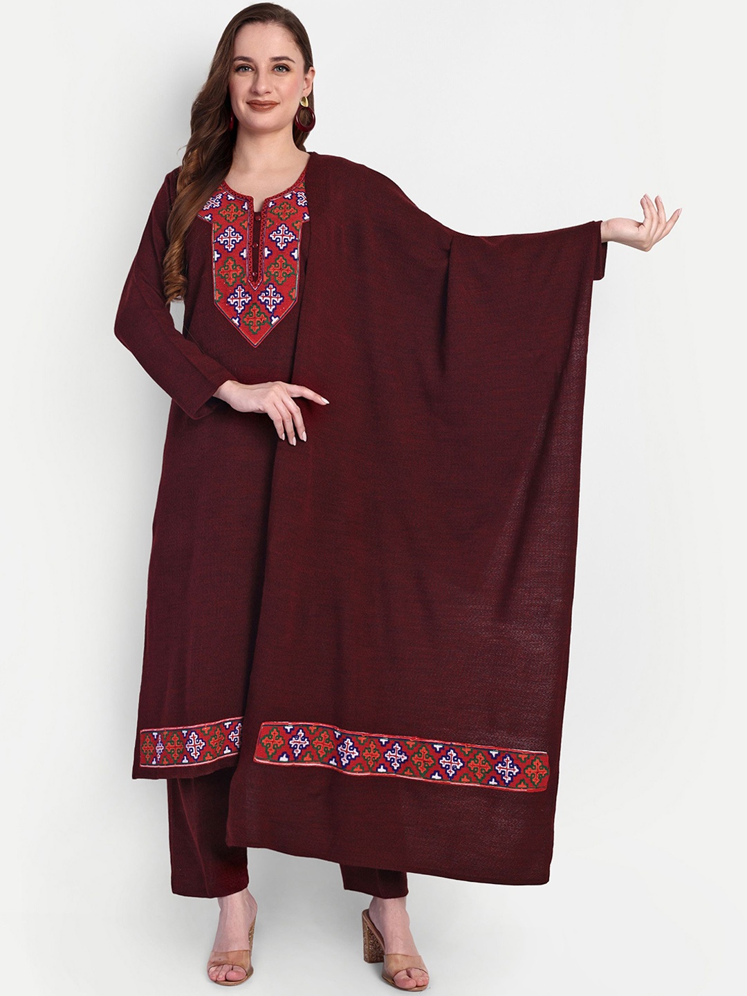 

HAUTEMODA Women Pure Wool Kurta with Palazzos &, Maroon