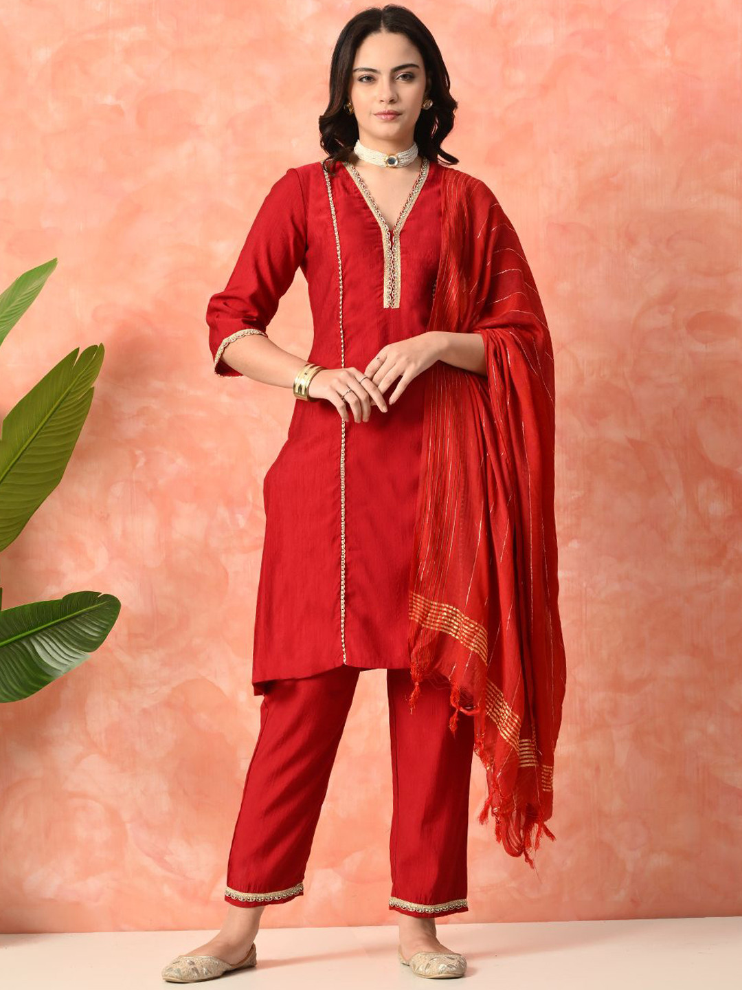 

Sangria Embroidered V-Neck Three-Quarter Sleeves Kurta & Trousers With Dupatta, Red