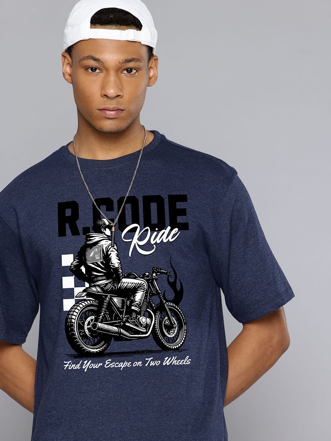 

R.Code by The Roadster Life Co. Men Biker Printed Raw Edge T-shirt, Navy blue