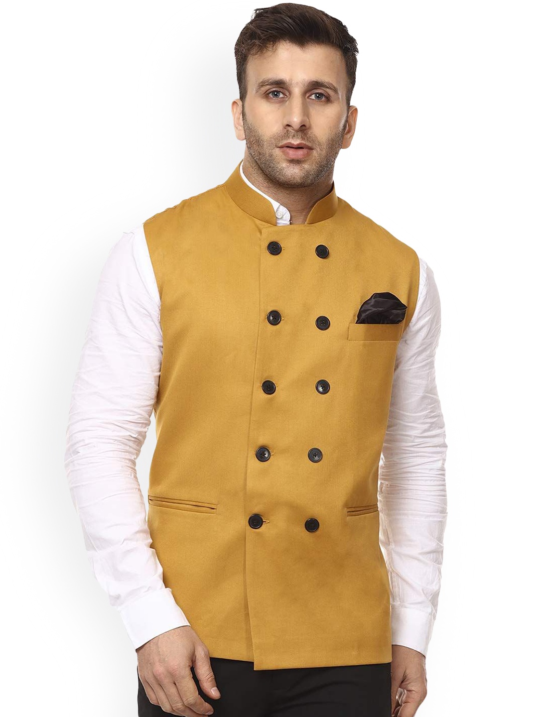 

VEERA PARIDHAAN Chinese Collar Nehru Jacket, Yellow