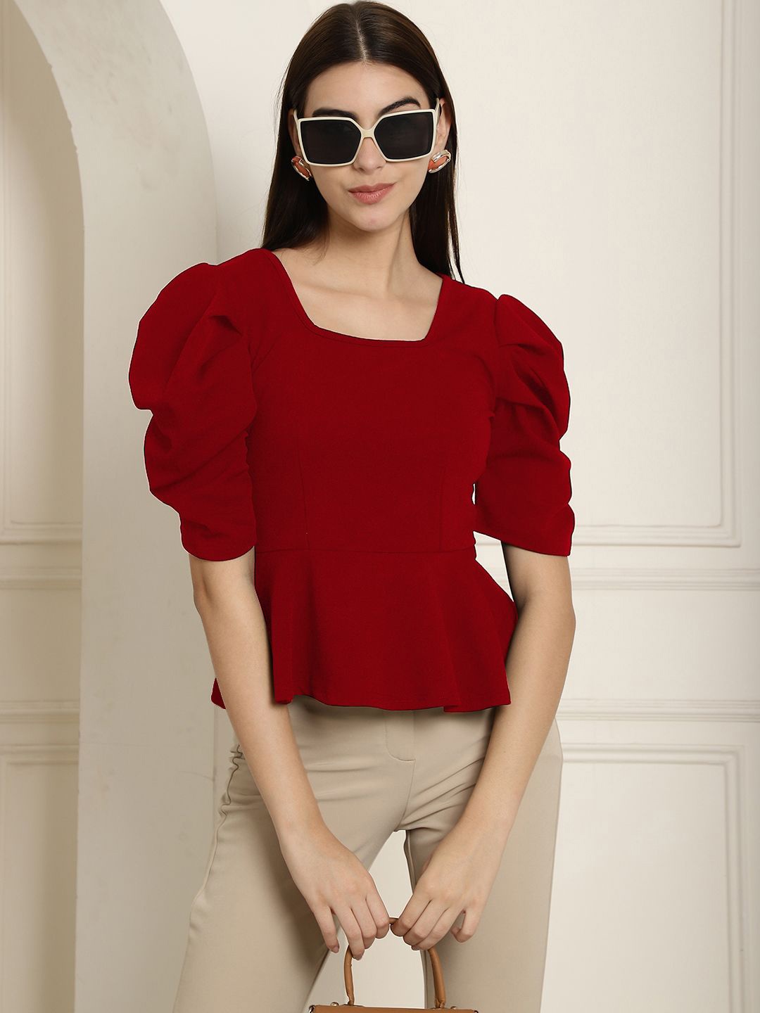 

Metronaut Puff Sleeve Peplum Top, Red