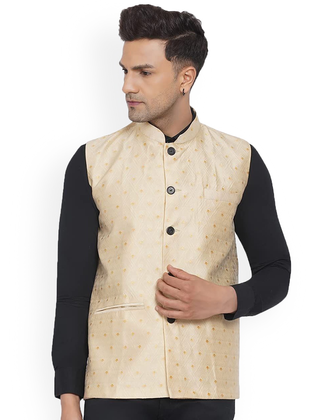 

VEERA PARIDHAAN Printed Jacquard Design Mandarin Collar Nehru Jackets, Beige
