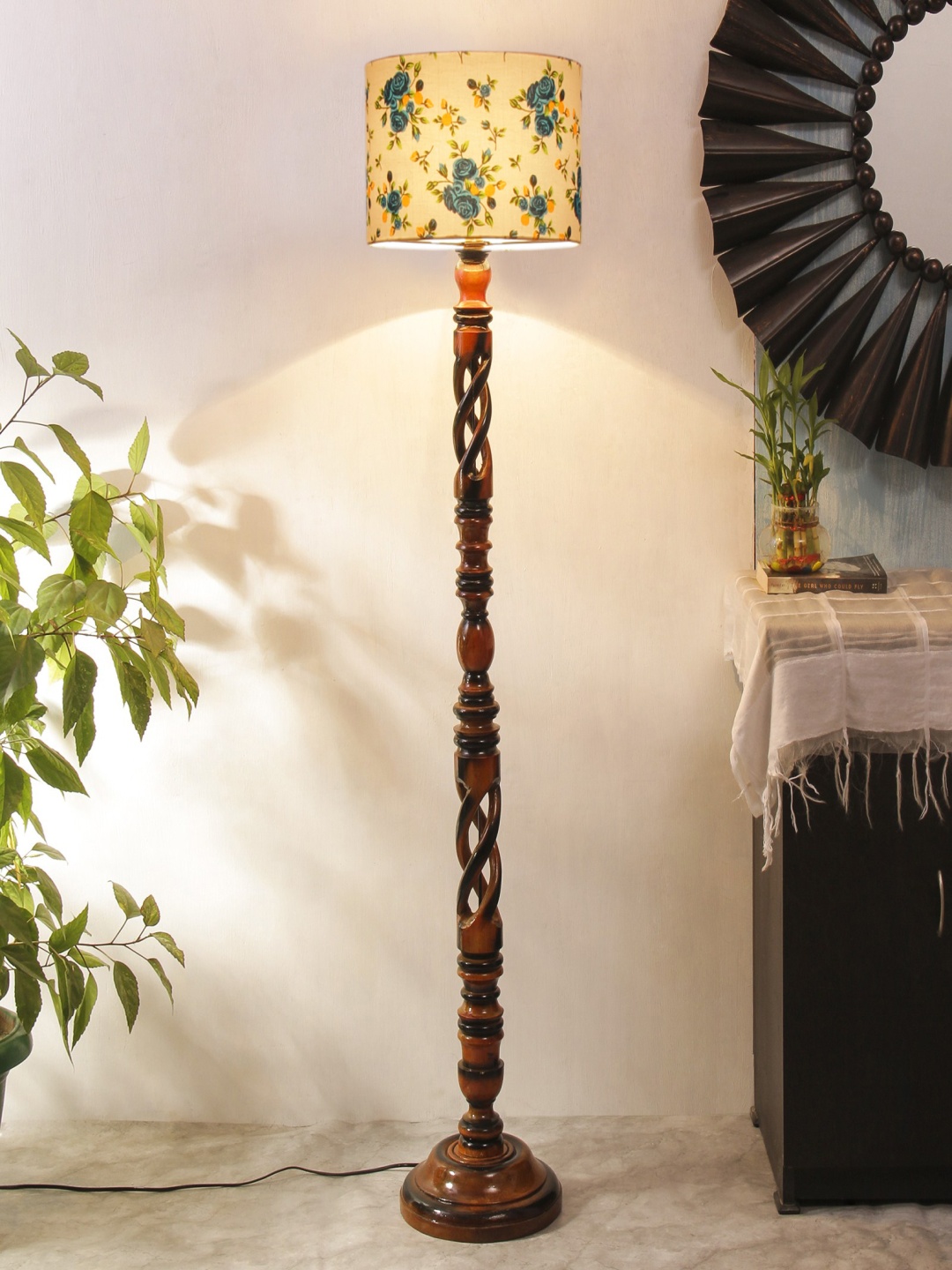 

Devansh White & Brown Floral Printed Cotton Wooden Floor Lamp
