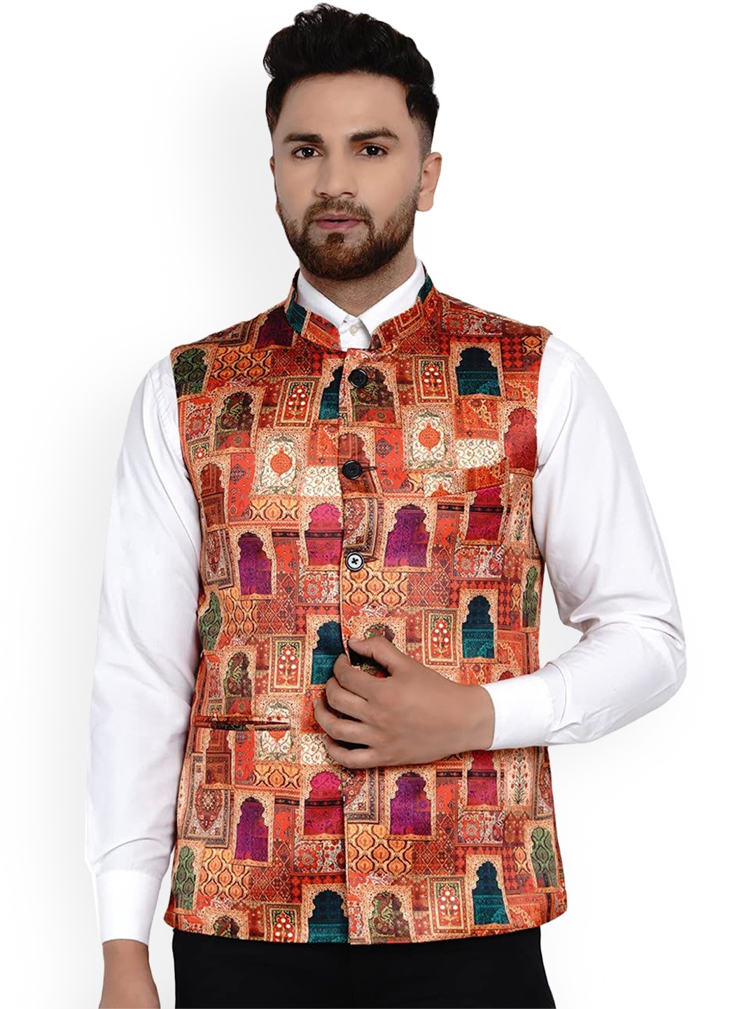 

VEERA PARIDHAAN Printed Mandarin Collar Nehru Jackets, Beige