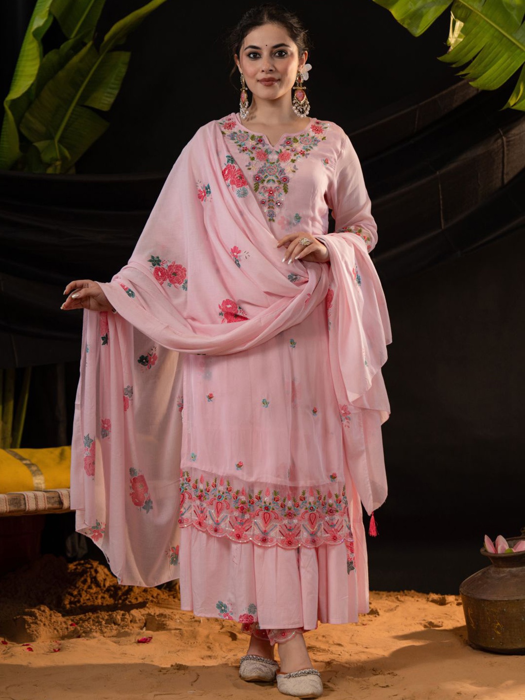 

Sindh Fashion Women Floral Embroidered Regular Thread Work Kurta with Trousers & With Dupatta, Pink