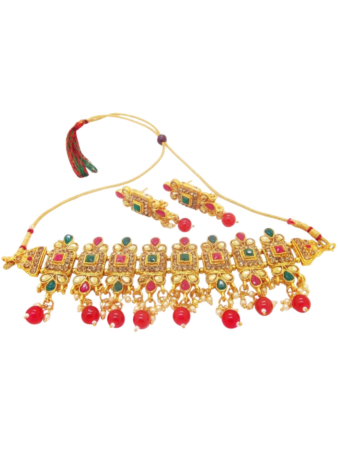 

FEMMIBELLA Gold-Plated CZ Stone Studded & Beaded Jewellery Set