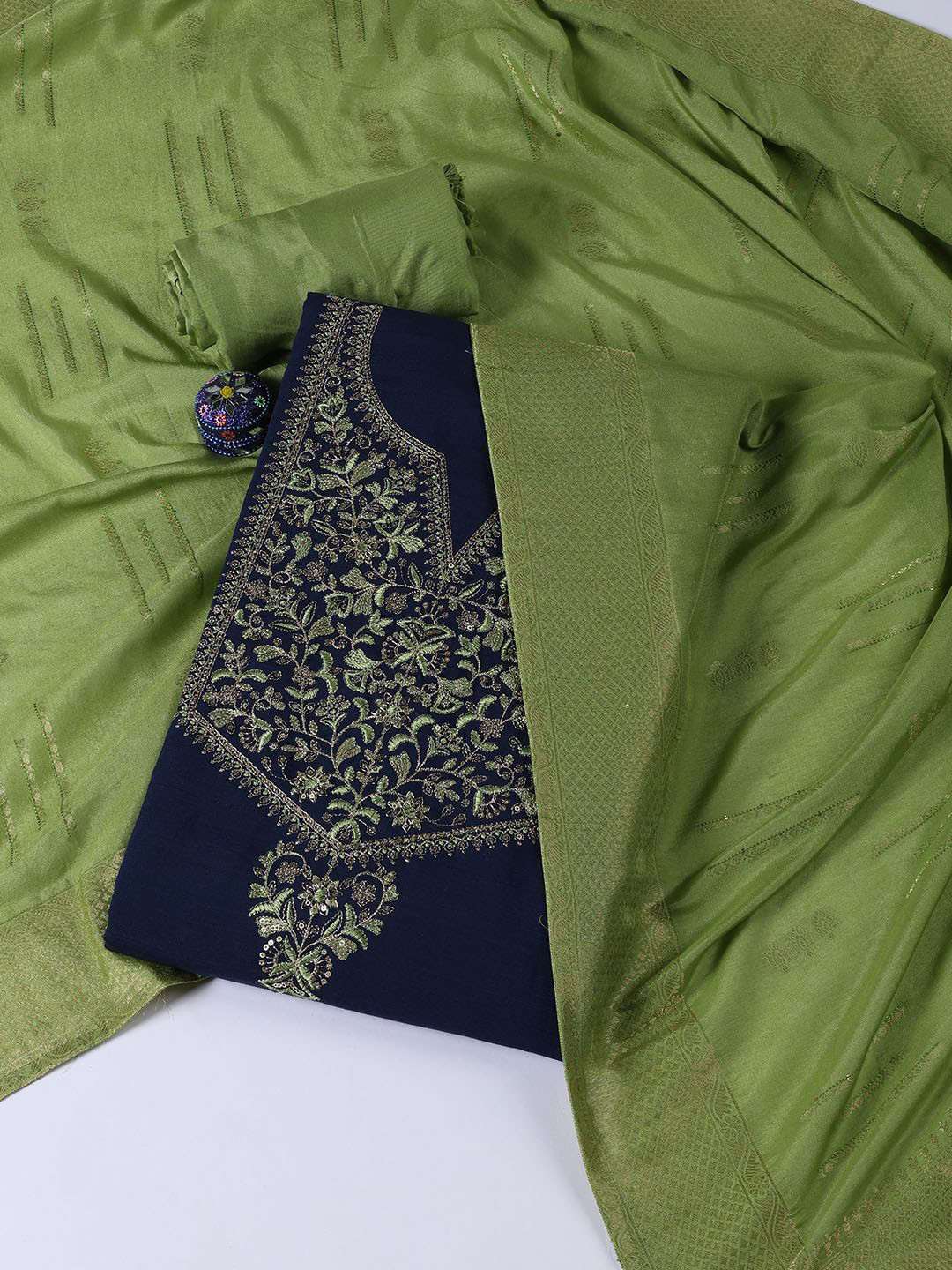 

Meena Bazaar Embroidered Art Silk Unstitched Dress Material, Navy blue