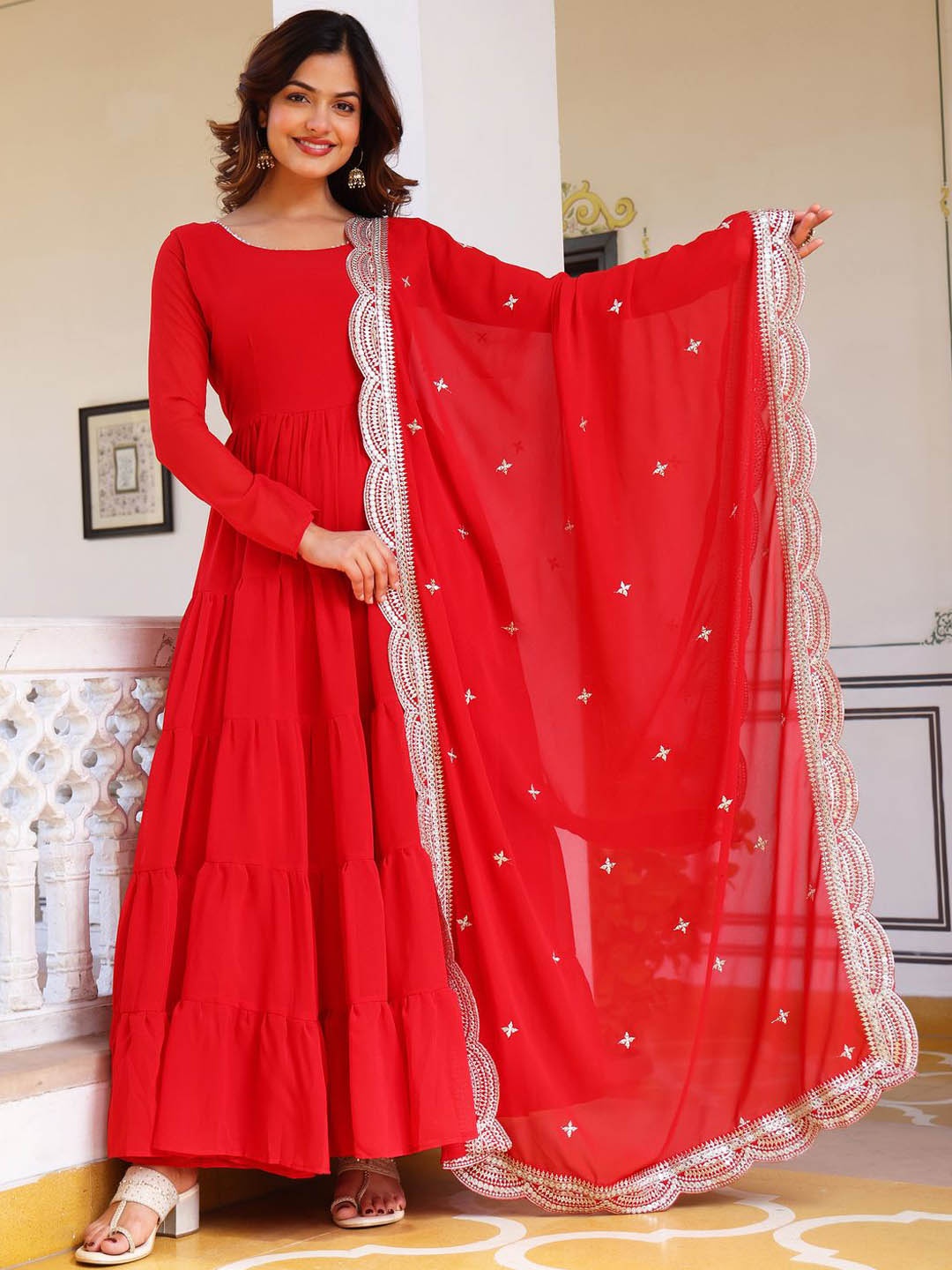 

Anara Tiered Kurta with Trousers & With Dupatta, Red