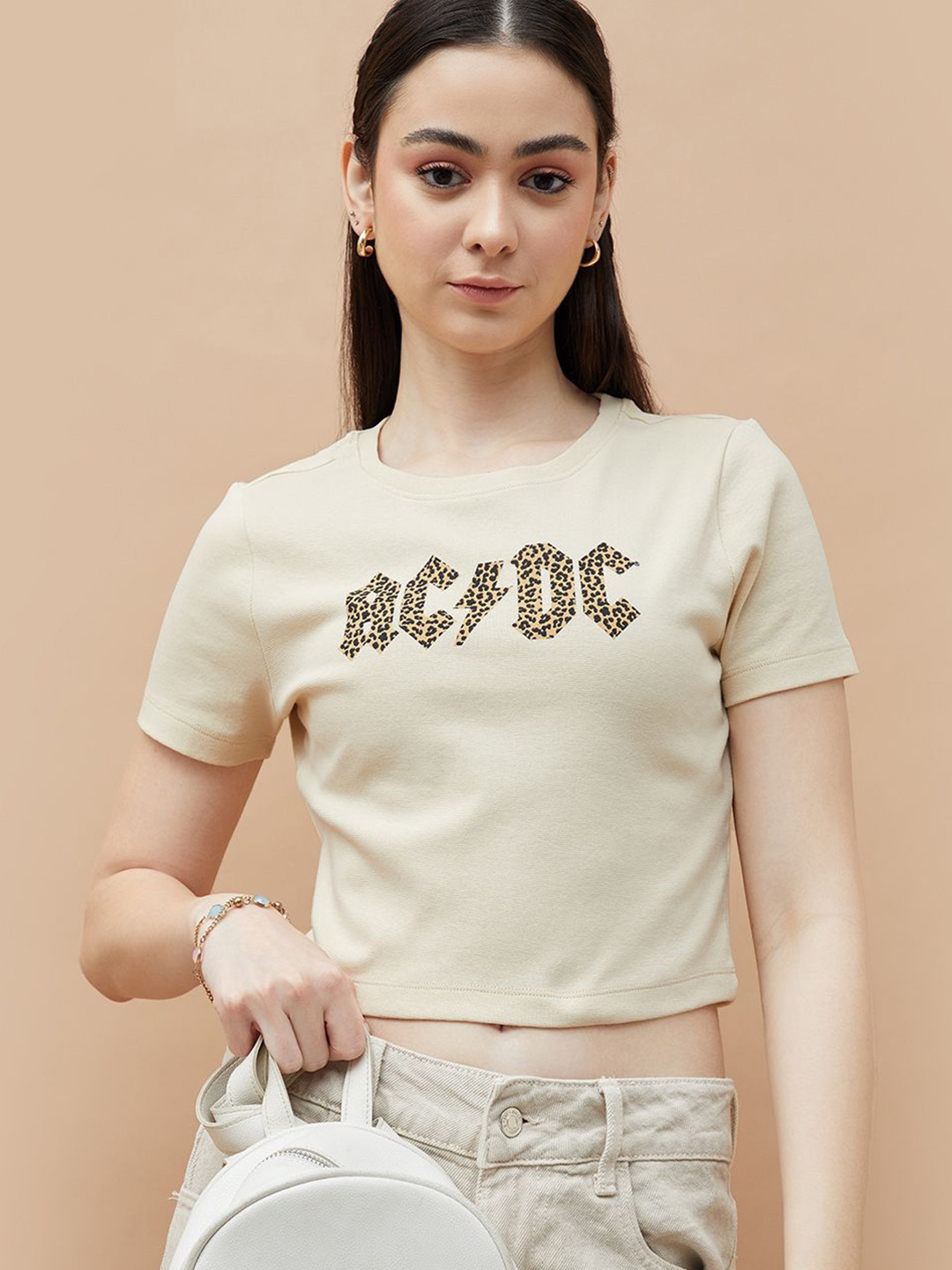 

Ginger by Lifestyle Women Ac Dc - Music Band Printed T Shirt, Beige