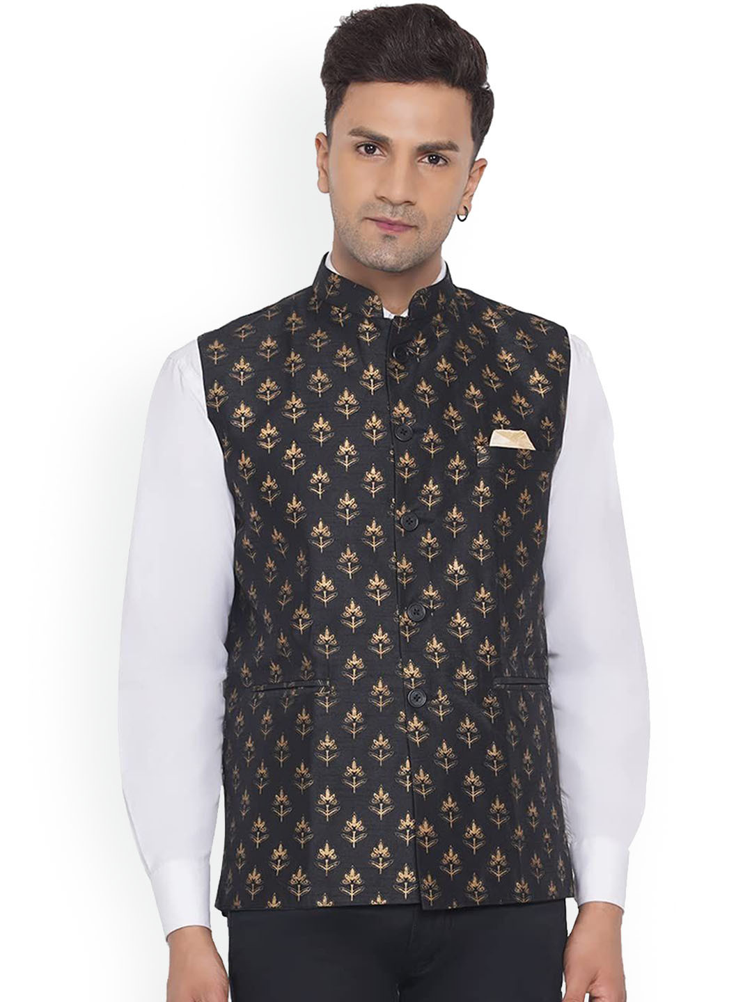 

VEERA PARIDHAAN Printed Cotton Nehru Jacket, Black