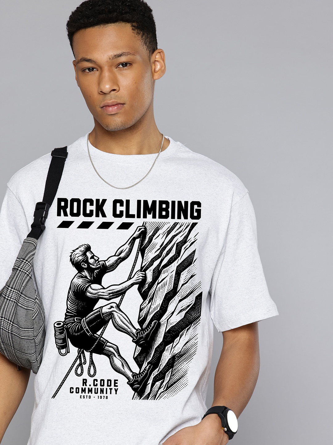 

R.Code by The Roadster Life Co. Men Printed Raw Edge T-shirt, Silver