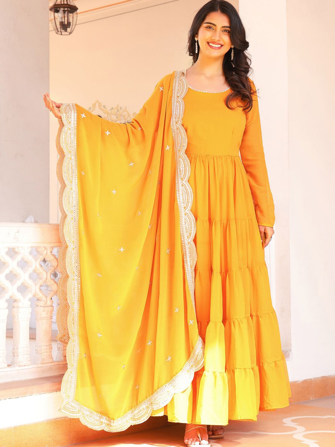 

Anara Tiered Kurta with Trousers & With Dupatta, Yellow