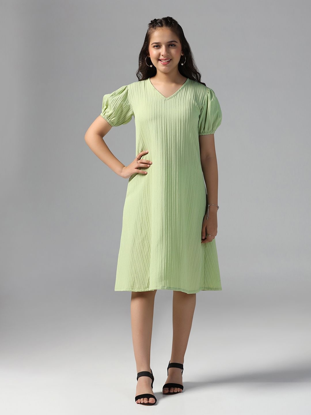 

YK Puff Sleeve A-Line Dress, Green