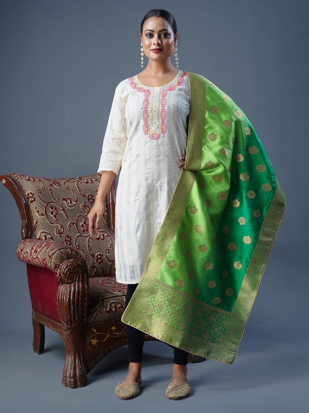 

flaher Ethnic Motifs Woven Design Dupatta with Zari, Green