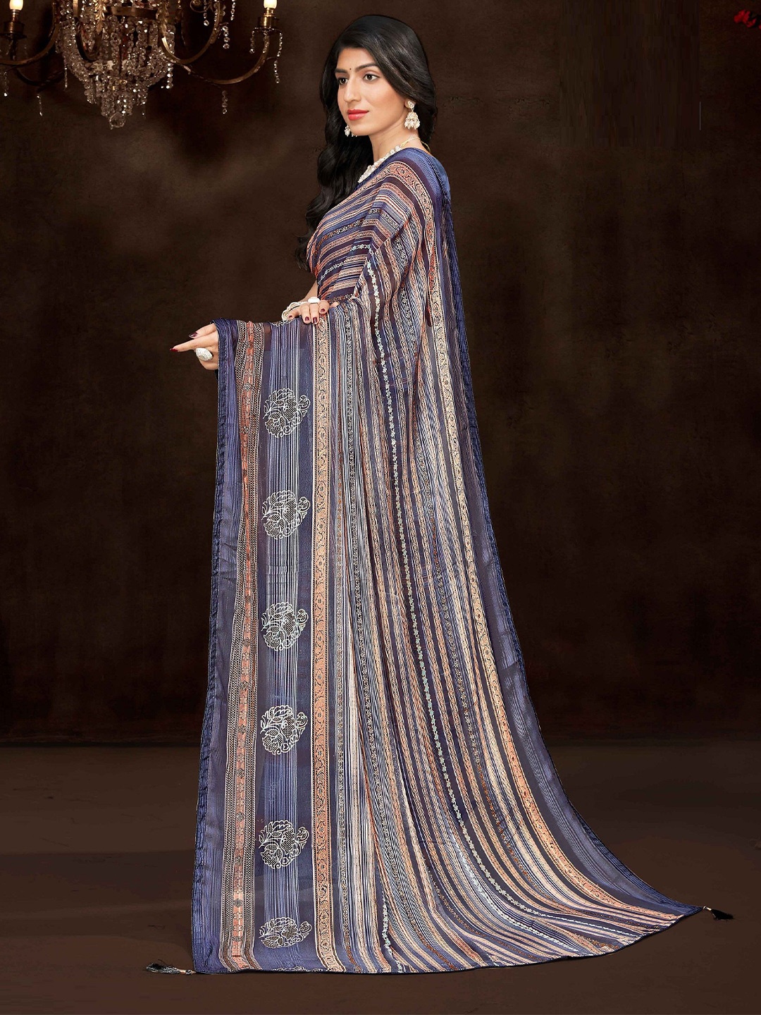 

MAHALASA Striped Pure Georgette Designer Saree, Blue