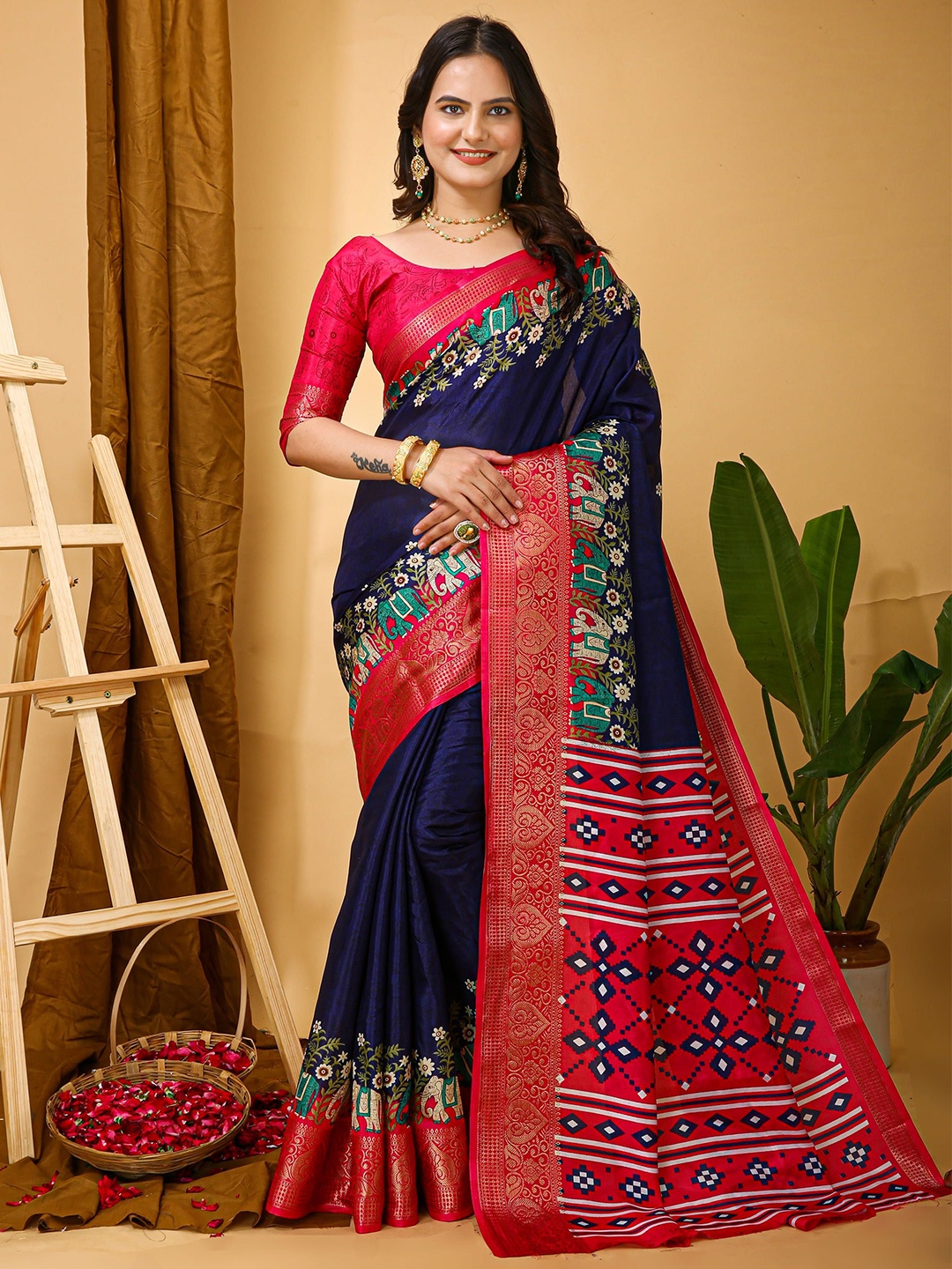

HERE&NOW Kalamkari Zari Silk Cotton Kanjeevaram Saree, Blue