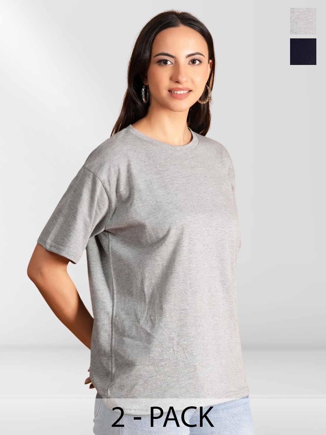 

Belfry Women Pack of 2 Solid Round Neck Cotton T-shirts, Grey