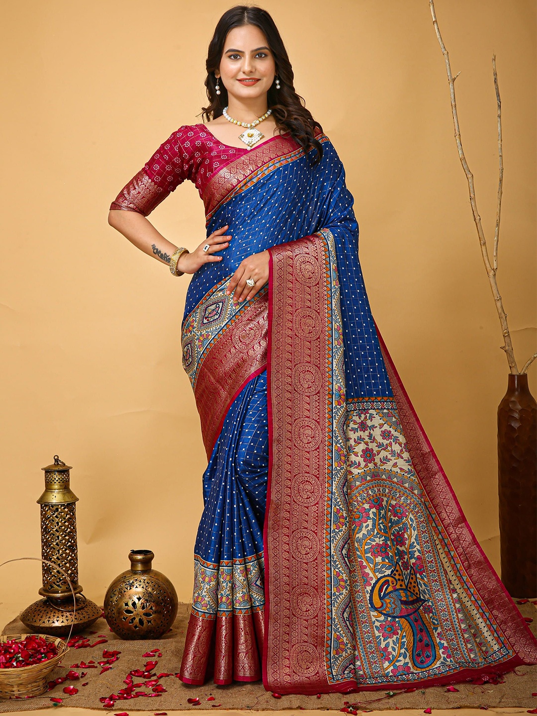 

HERE&NOW Kalamkari Zari Silk Cotton Banarasi Saree, Blue
